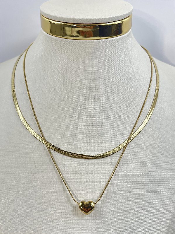 Colar Duplo Fita Aço inox Dourado com pingente coração passante - medida 45cm