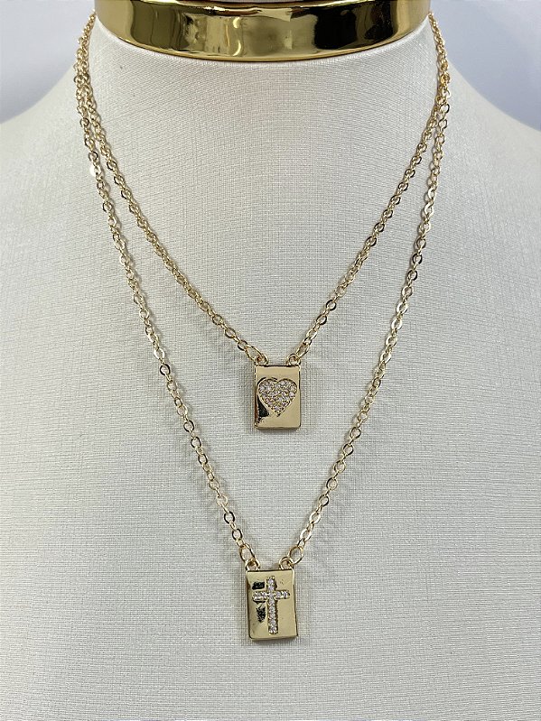 Escapulário com pingente cravejado Zirconia - 60cm - Banho ouro