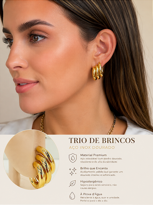 Trio Brinco Argola Tubo Aço inox Dourado tipo Click - 3 pares