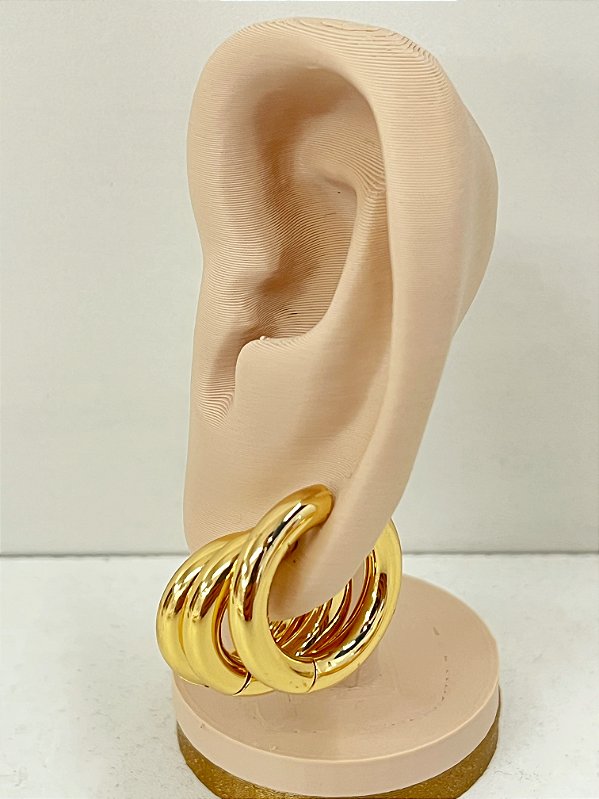 Trio Brinco Argola Tubo Aço inox Dourado tipo Click - 3 pares