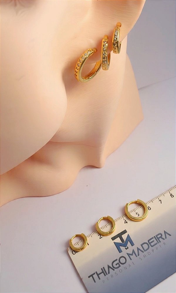 Trio Brinco Argola cravejado Zirconia Banho ouro 2 milésimos com verniz - 3 pares