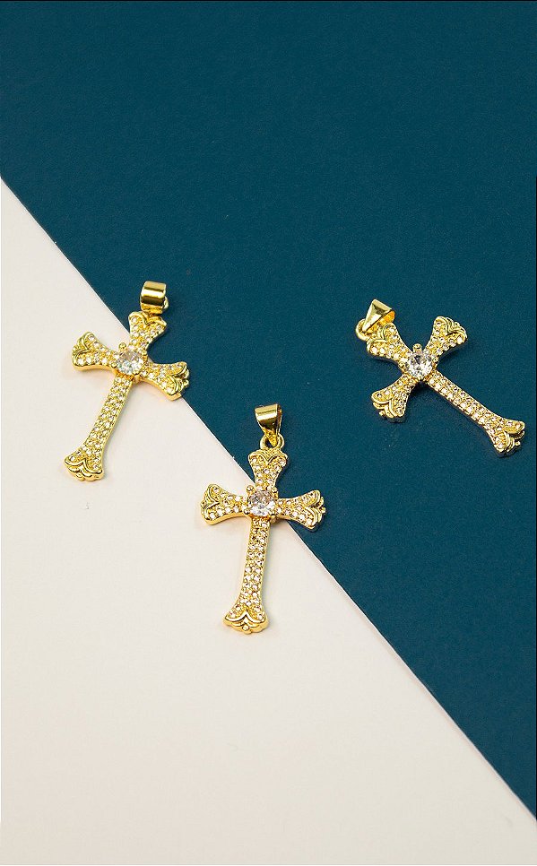 Pingente Cruz Cravejada Ouro - 01 Und