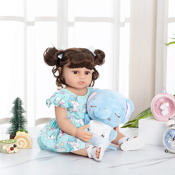 Boneca Bebê Reborn 48cm Menina Elefante Olhos Azuis Corpo de 100% Silicone  Presentes Para Crianças