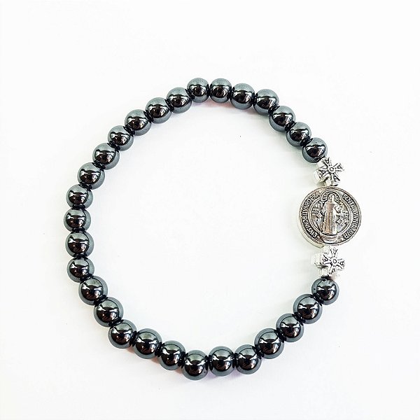 Pulseira Hematita com Medalha de São Bento