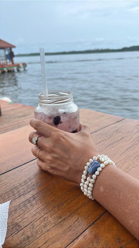 Pulseira Pérolas Água doce e pedra Azul com fecho prata