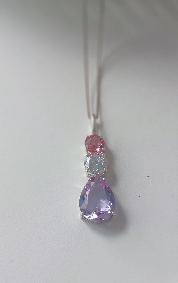 Colar 3 Cristais: Rosa, Transparente e gota Lilás em prata
