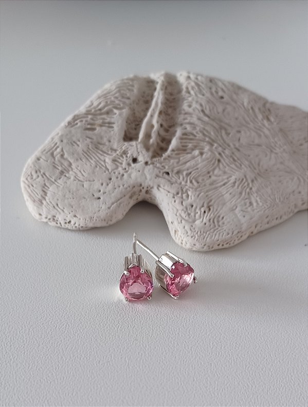 Brinco Prata  Gota Cristal Rosa