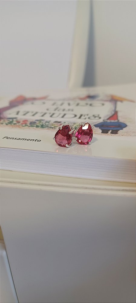 Brinco Prata  Gota Cristal Rosa escuro
