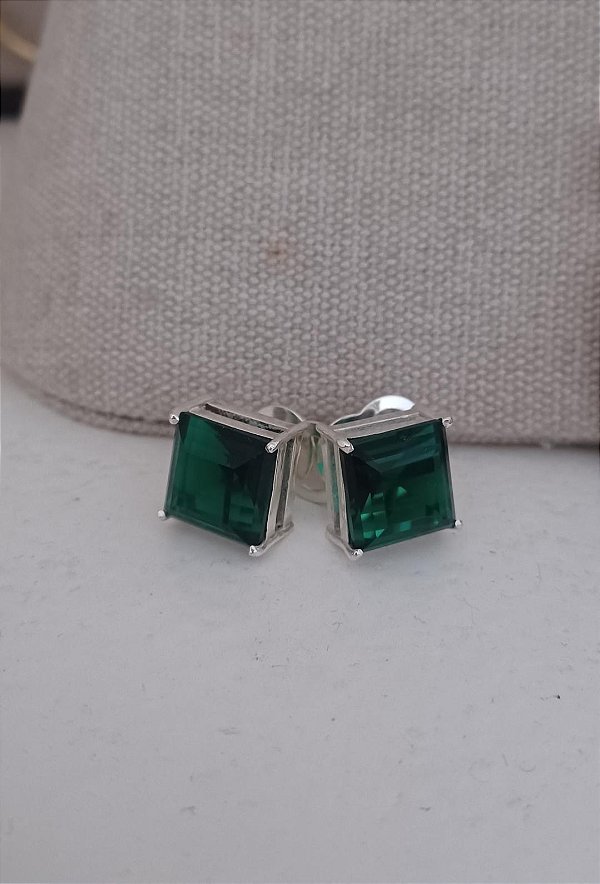 Brinco Prata Cristal verde quadrado
