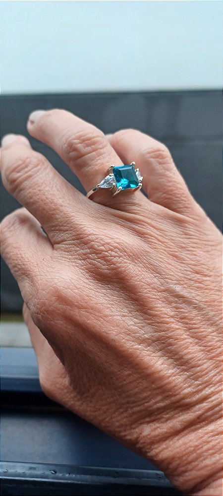 Anel Cristal Azul quadrado Prata