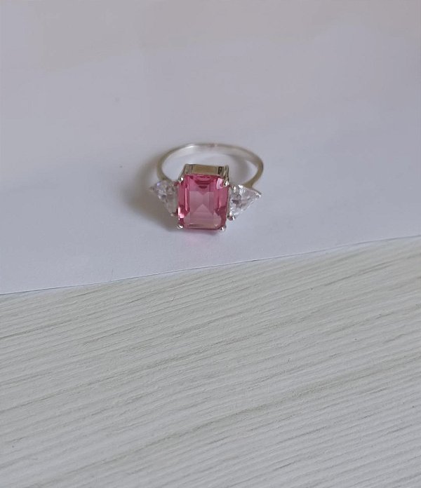 Anel Cristal Rosa quadrado Prata