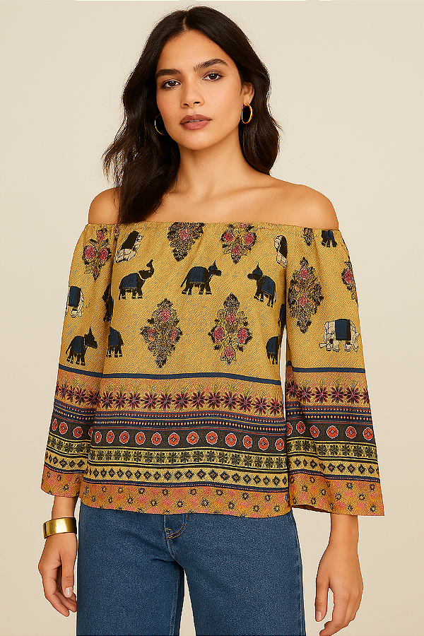 Blusa Bata Ombro a Ombro Estampa Étnica com Elefantes - ZINCO