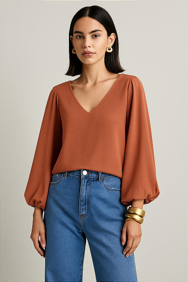 Blusa Telha com Manga Bufante - CHARRY