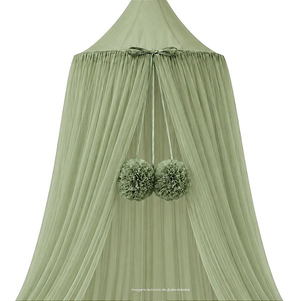 Dossel Tenda Mosquiteiro Com Pingente Pompom - Verde - prontaentrega