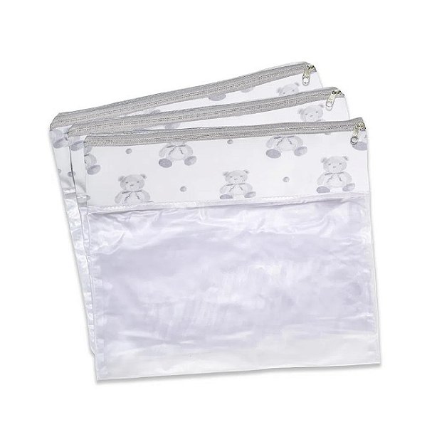 Conjunto Com 3 Saquinhos De Mala Maternidade Urso Cinza