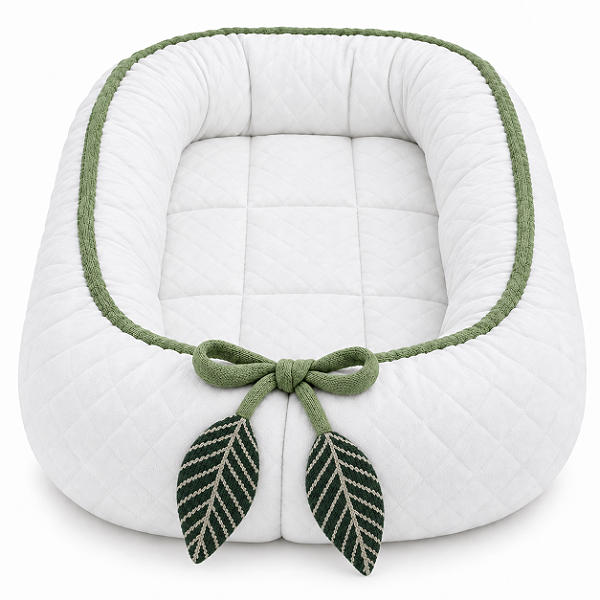 Ninho Básico - Malha Jacquard Branco / Cordão Tricot Verde Limonada Com Pingente Folhas