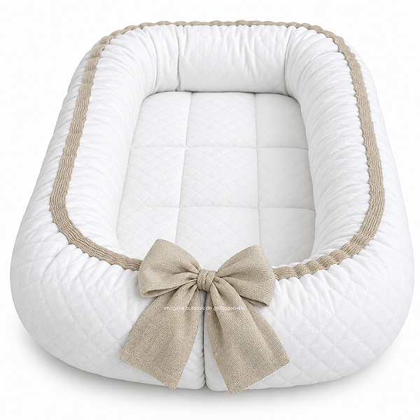 Ninho Básico - Malha Jacquard Branco / Cordão Tricot Bege Nuvem Com Laço