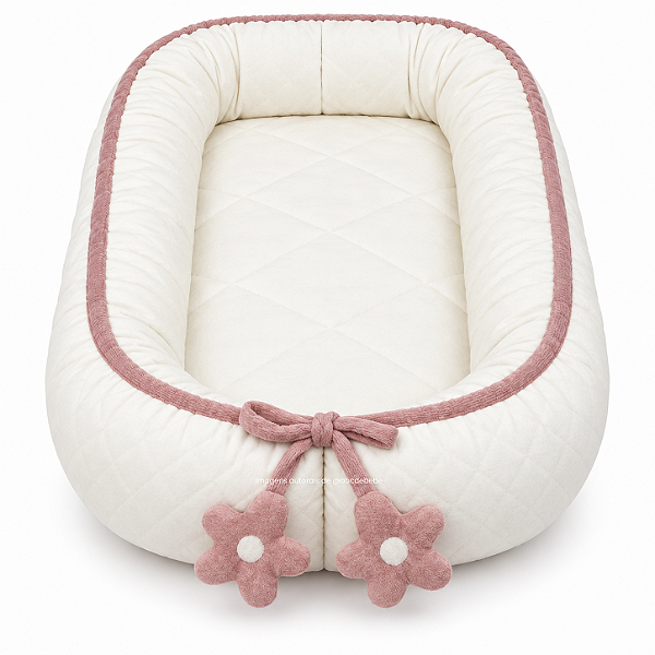 Ninho Básico - Malha Jacquard Branco - Perola / Cordão Tricot Rosa Una Com Pingente Flores