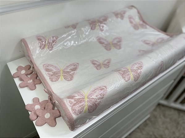 Trocador Anatômico - Branco/Rose Com Flores e Borboletas - Tricô.
