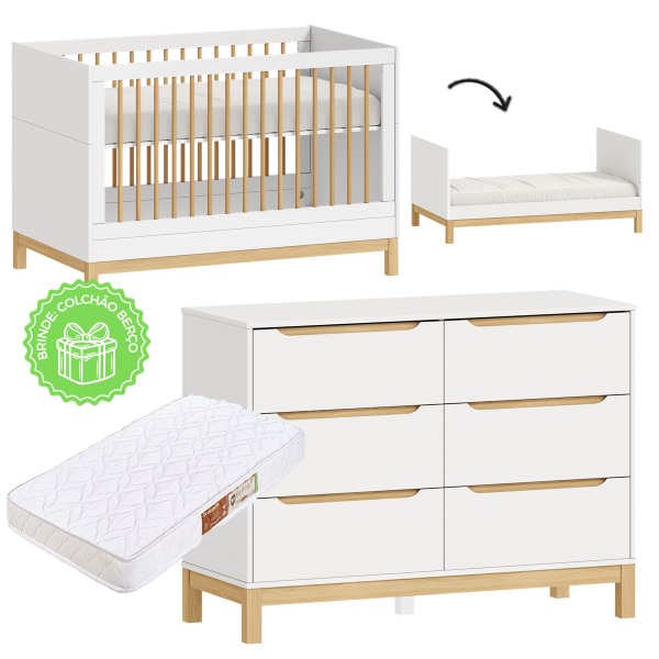 Conjunto - Berço Cozy 2 em 1 + Cômoda Cozy - Branco Com Carvalho - prontaentrega