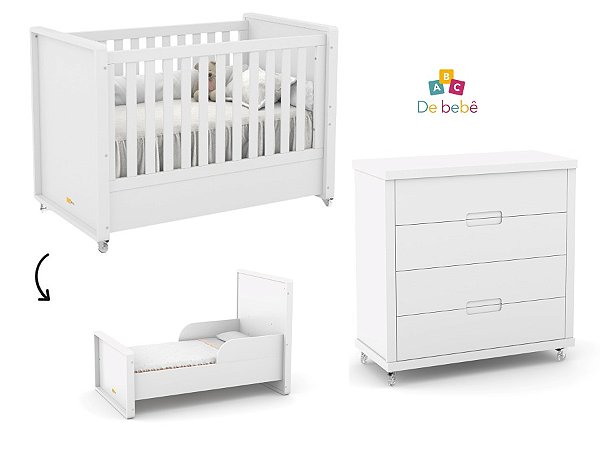 Conjunto - Berço Tutto 2 em 1 + Gaveteiro Tutto - Branco - prontaentrega