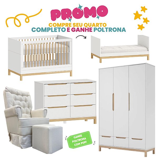 Quarto Completo - Cozy - Berço + Cômoda 6 Gavetas + Roupeiro 3 Portas - Branco Com Carvalho Malva - BRINDE: Poltrona Sonhos com Puff e Balanço: Tecido Linho Bege - prontaentrega