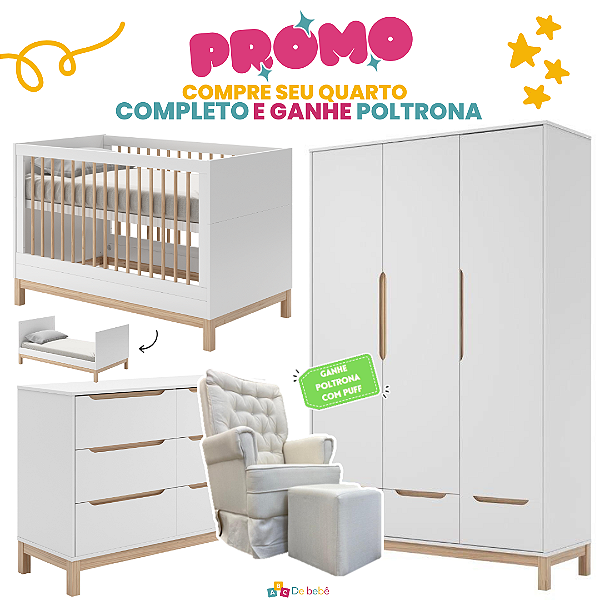 Quarto Completo - Cozy - Berço + Cômoda 6 Gavetas + Roupeiro 3 Portas - Branco Com Carvalho - BRINDE: Poltrona Sonhos com Puff e Balanço: Tecido Linho Bege - prontaentrega