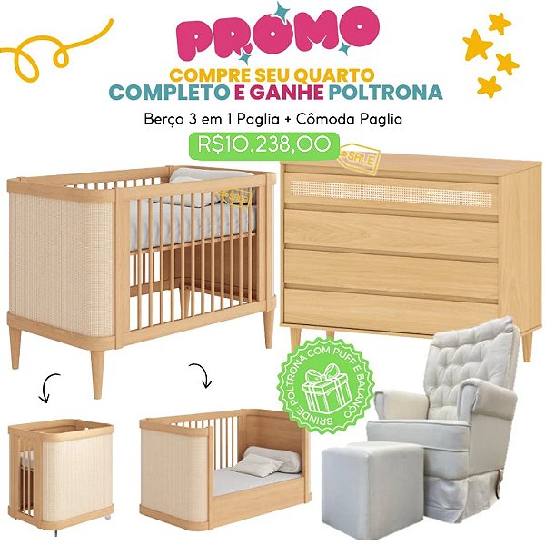Combo Paglia - Berço 3 em 1 + Cômoda Paglia 4 Gavetas Com 1 Tela Rattan + BRINDE: Poltrona Sonhos com Puff e Balanço: Tecido Linho Bege - prontaentrega