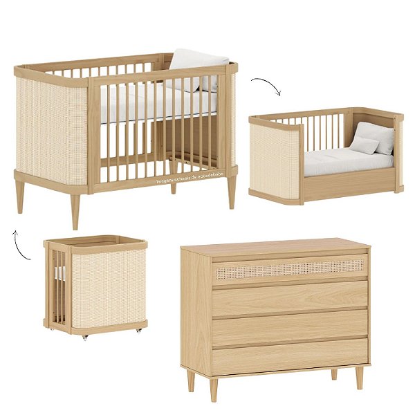 Combo Paglia - Berço 3 em 1 + Cômoda Paglia 4 Gavetas Com 1 Tela Rattan