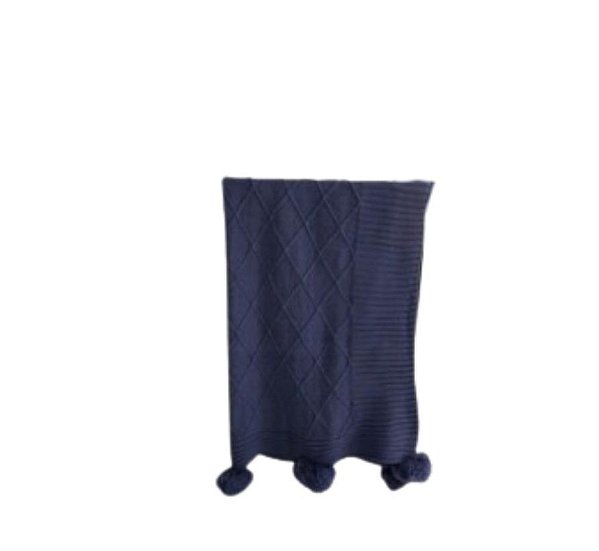 Manta De Pompom - Trico - Azul Marinho 008