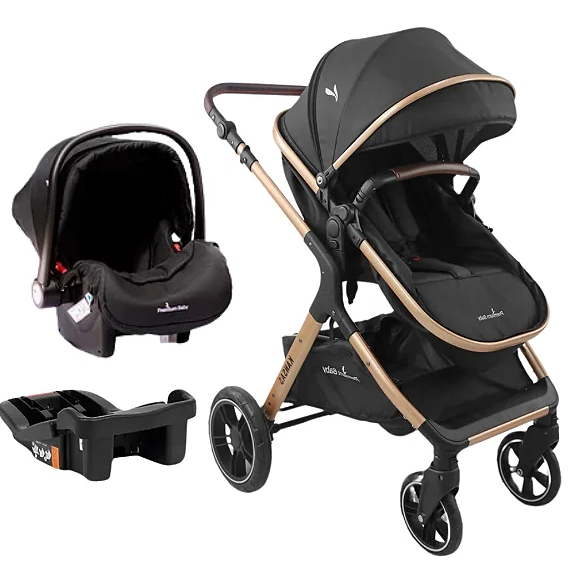Combo Carrinho 4 em 1 - Carrinho + Bebê Conforto + Moisés + Base - Kansas - Gold Preto
