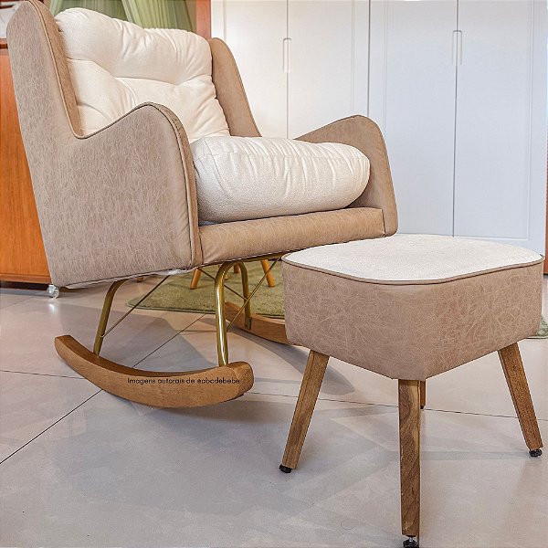 Poltrona De Amamentação Maju - Com Balanço - Pés Dourados - Com Puff  - Assento Boucle Natural Bege - TB 620 - Corpo Courino sand k20