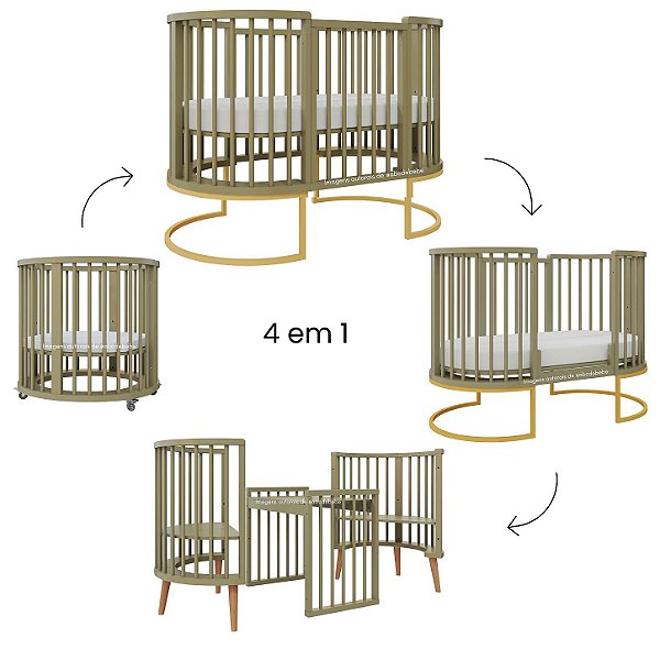 Berço Sonhos Redondo / Oval - 4 em 1 - Verde Cacto / Pés Metálicos Dourado