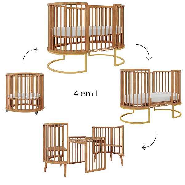 Berço Sonhos Redondo / Oval - 4 em 1 - Jequitibá / Pés Metálicos Dourado