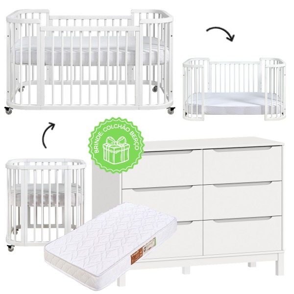 Conjunto - Berço Evolutivo 3 em 1 Sleep + Cômoda Cozy - Branco - BRINDE: Colchões De Berço e Mini Berço