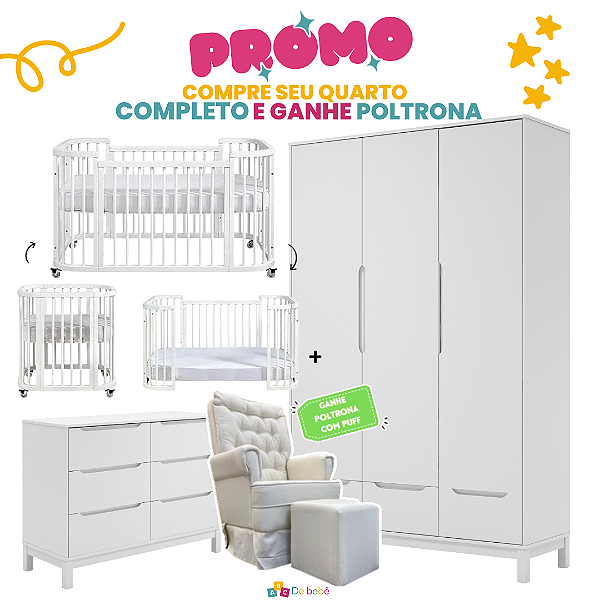 Quarto Completo - Berço Sleep 3 em 1 + Cômoda 6 Gavetas Cozy + Roupeiro 3 Portas Cozy - Branco  - BRINDE: Poltrona Sonhos com Puff e Balanço: Tecido Linho Bege