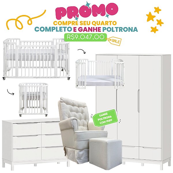 Quarto Completo - Berço Sleep 3 em 1 + Cômoda 6 Gavetas Cozy + Roupeiro 3 Portas Cozy - Branco - BRINDE: Poltrona Sonhos com Puff e Balanço: Tecido Linho Bege