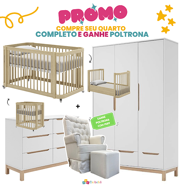Quarto Completo - Berço Carvalho 3 em 1 + Cômoda 6 Gavetas Cozy + Roupeiro 3 Portas Cozy  - Branco com carvalho - BRINDE: Poltrona Sonhos com Puff e Balanço: Tecido Linho Bege