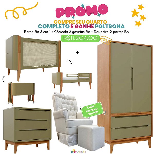 Quarto Completo - Berço Bo 3 em 1 Palha + Cômoda 3 gavetas Bo + Roupeiro 2 portas Bo - Verde Cacto / Jequitiba - BRINDE: Poltrona Sonhos com Puff e Balanço: Tecido Linho Bege