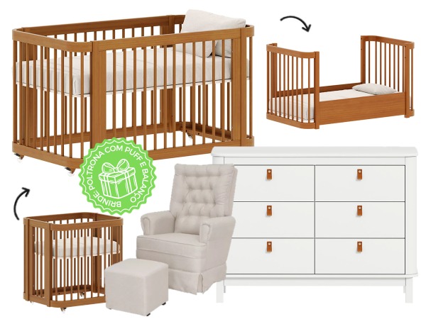 Combo Cromo - Berço 3 em 1 Nogueira + Cômoda Cromo 6 Gavetas Com Couro - BRINDE: Poltrona Sonhos com Puff e Balanço: Tecido Linho Bege