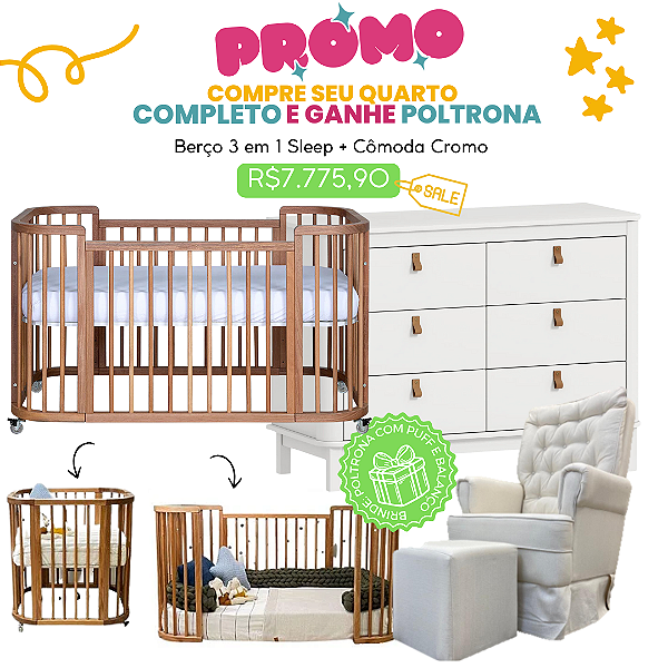 Combo Sleep - Berço 3 em 1 Madeira + Cômoda Cromo 6 Gavetas Branca- BRINDE: Poltrona Sonhos com Puff e Balanço: Tecido Linho Bege