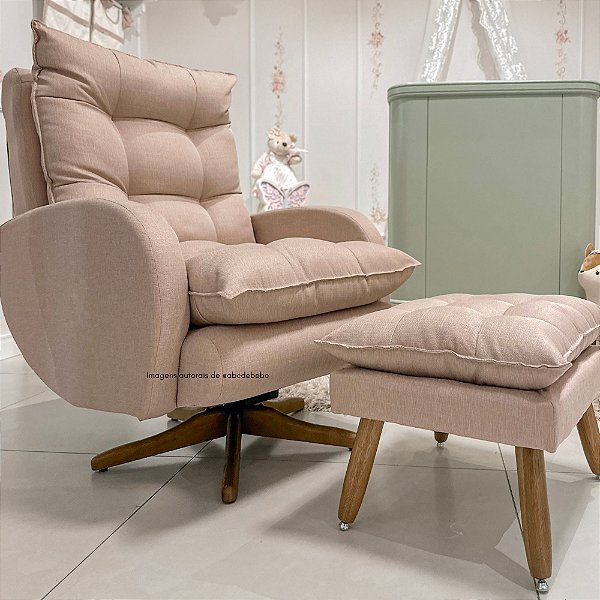 Poltrona De Amamentação Clarisse - Com Balanço e Giro - Com Puff Pé Palito - TB196 - Linho Rose