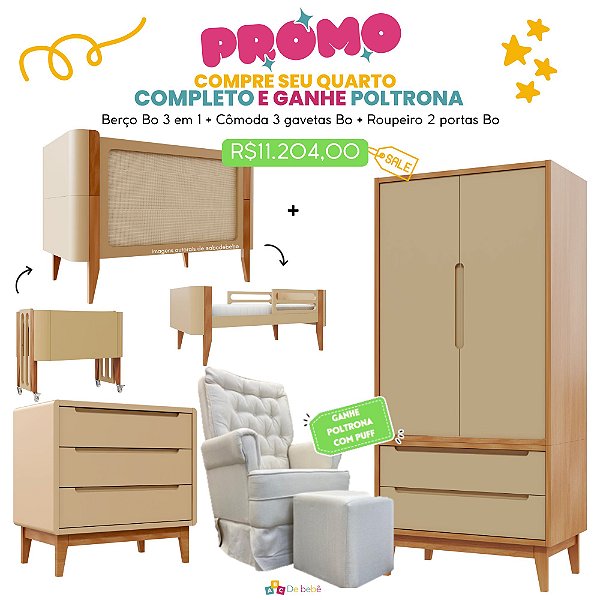 Quarto Completo - Berço Bo 3 em 1 Palha + Cômoda 3 Gavetas Bo + Roupeiro 2 Portas Bo - Capuccino / Jequitiba - BRINDE: Poltrona Sonhos com Puff e Balanço: Tecido Linho Bege