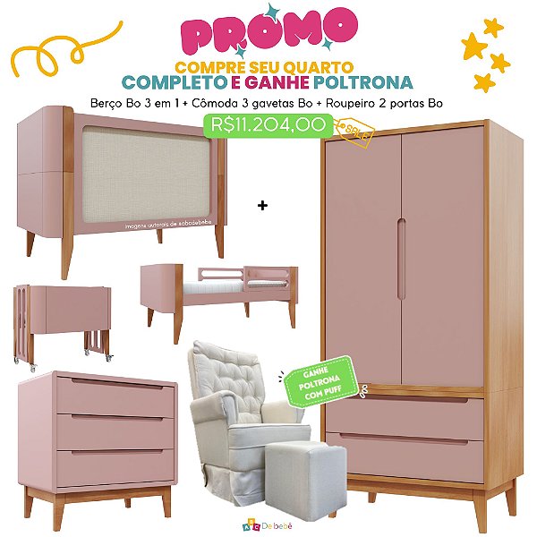 Quarto Completo - Berço Bo 3 em 1 Palha + Cômoda 3 Gavetas Bo + Roupeiro 2 Portas Bo - Rose / Jequitiba - BRINDE: Poltrona Sonhos com Puff e Balanço: Tecido Linho Bege