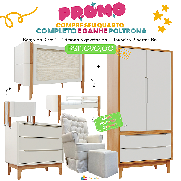 Quarto Completo - Berço Bo Palha 3 em 1 + Cômoda 3 Gavetas Bo + Roupeiro 2 Portas Bo Com Madeira - Areia / Jequitiba - BRINDE: Poltrona Sonhos com Puff e Balanço: Tecido Bouclê Bege