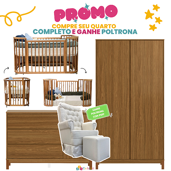Quarto Completo – Berço Evolutivo Sleep 3 em 1 Madeira + Cômoda Soley com Porta Madeira + Guarda-Roupa 2 Portas Madeira  + Poltrona de Brinde modelo Sonhos com Puff Linho Bege