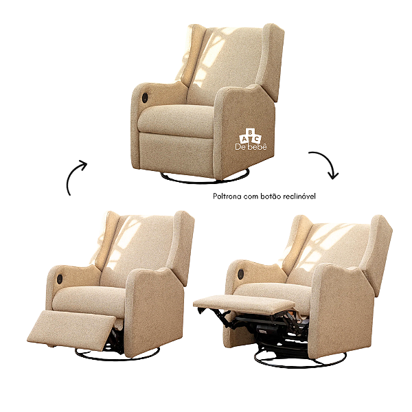 Poltrona De Amamentação Jazz - Reclinável Elétrica + USB- Com Balanço e Giro - Tecido Soft Bouclê Bege Escuro - prontaentrega