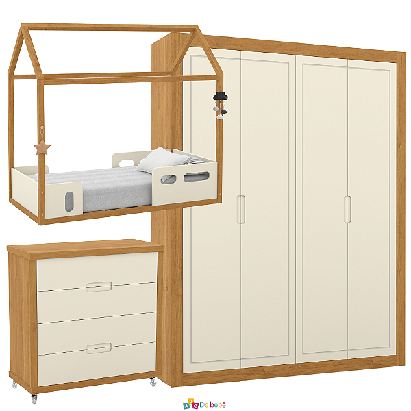 Quarto Completo - Liv + Tutto - Cama Montessoriana + Cômoda com Porta + Roupeiro 4 Portas - Off White / Freijó