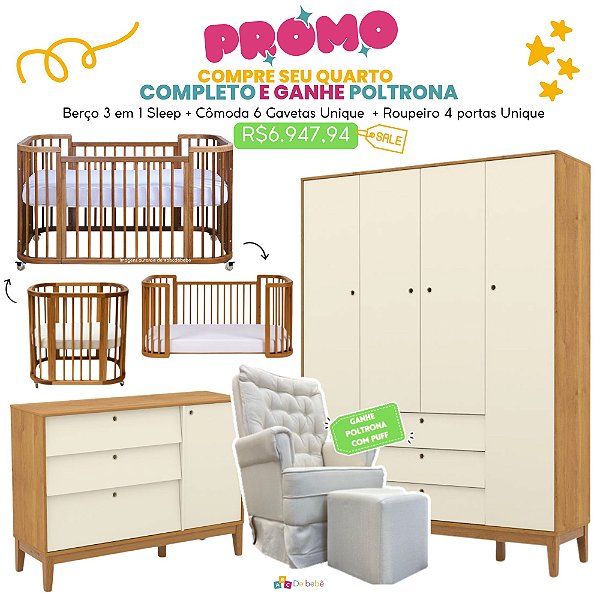 Quarto Completo - Berço 3 em 1 Sleep + Cômoda 3 Gavetas Unique + Roupeiro 4 Portas Unique + BRINDE: Poltrona Sonhos com Puff e Balanço: Tecido Linho Bege