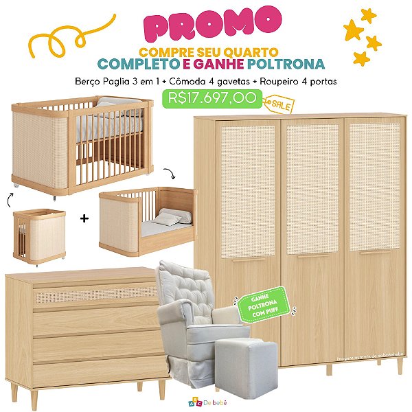 Quarto Completo Paglia - Berço 3 em 1 + Cômoda + Roupeiro 3 Portas + BRINDE: Poltrona Sonhos com Puff e Balanço: Tecido Linho Bege